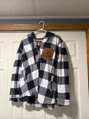 Monogrammed Black & White Buffalo Plaid Hooded Shirt Jacket with Brown Patch